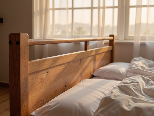 床架修复前，床腿开裂，连接处松动，深色木质床架，卧室环境