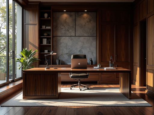 办公桌修复前，桌面磨损明显，表面划痕众多，深色办公桌，办公室环境