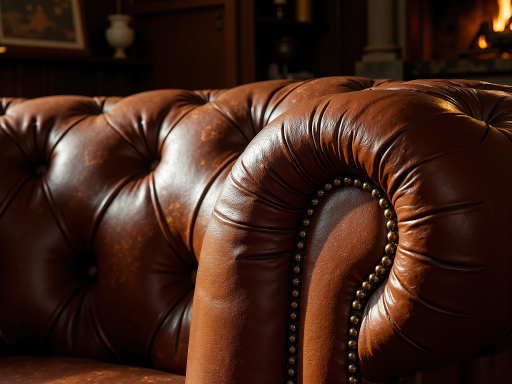 皮质沙发修复后，皮质光滑如新，颜色均匀，深棕色皮质沙发，室内客厅环境