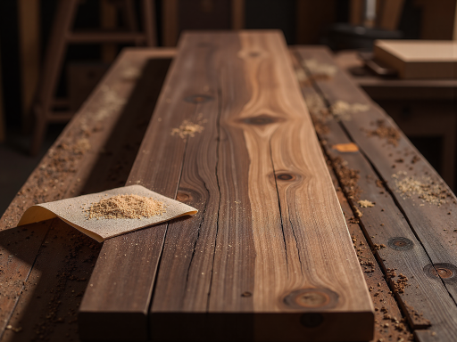 实木餐桌修复前，桌面有明显划痕污渍，表面粗糙，原木色纹理模糊，室内餐厅环境